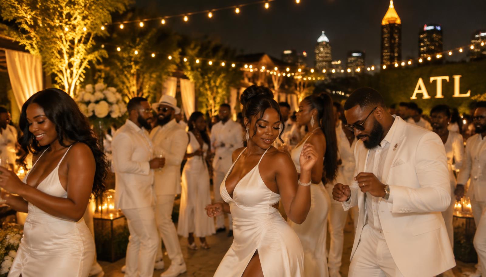 Guests dressed in all white dancing under string lights at the All White Experience in Atlanta